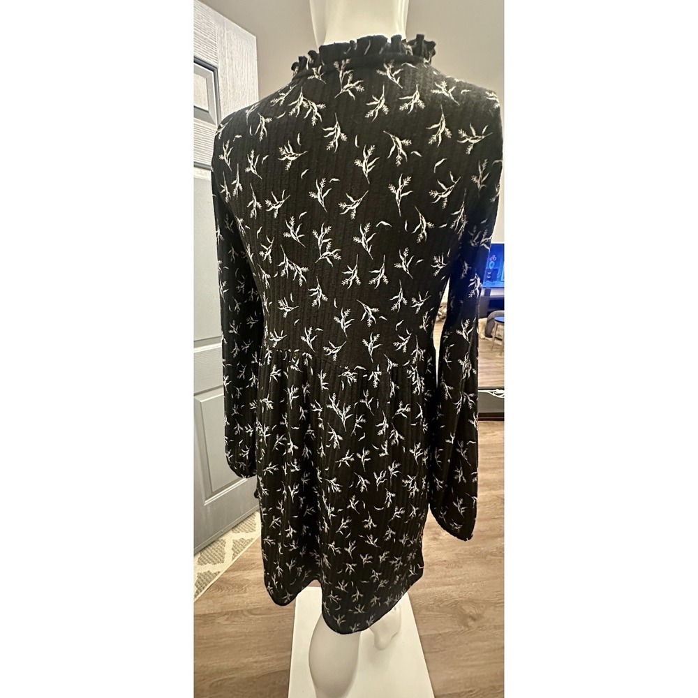 Zara Boho Babydoll Tunic Mini Dress Women Sz M Black White Texture Flowy‎ V Neck - Picture 5 of 10